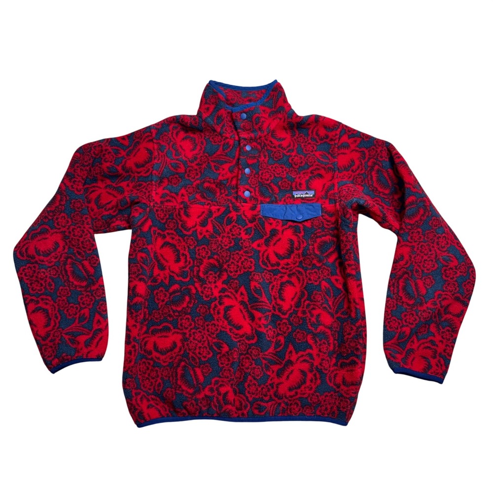 Patagonia Synchilla Fleece Pullover Womens S Red Floral Snap-T Excellent Pattern